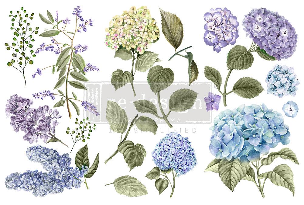 MYSTIC HYDRANGEA - 3 sheets - 6" x 12" each - Redesign Decor Transfer Decal