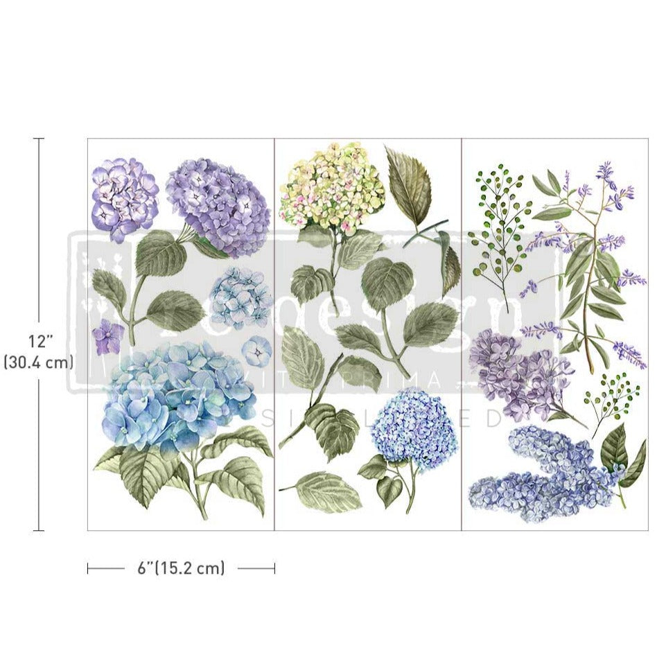 MYSTIC HYDRANGEA - 3 sheets - 6" x 12" each - Redesign Decor Transfer Decal