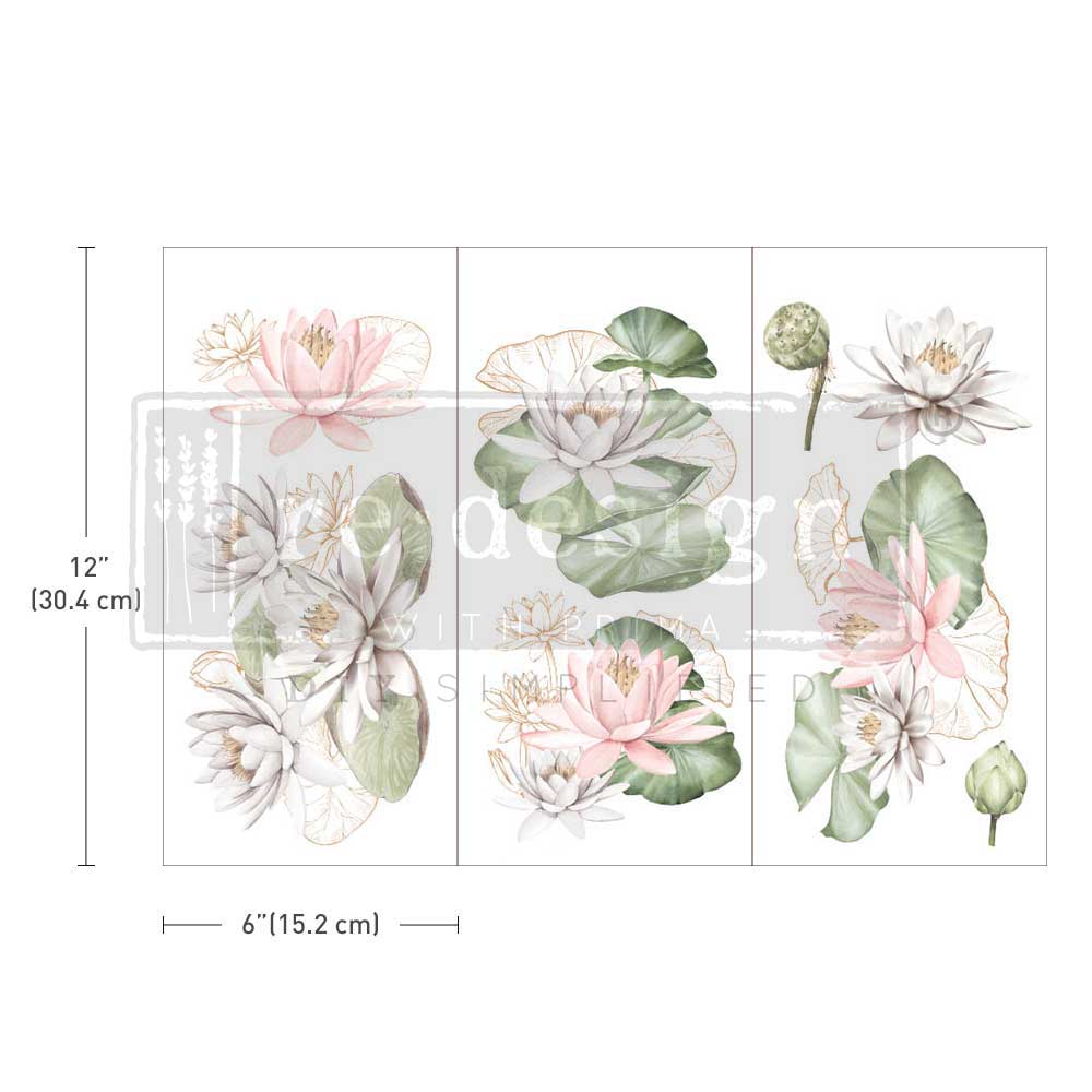 WATER LILIES - 3 sheets - 15cm x 30cm each - Redesign Decor Transfer Decal