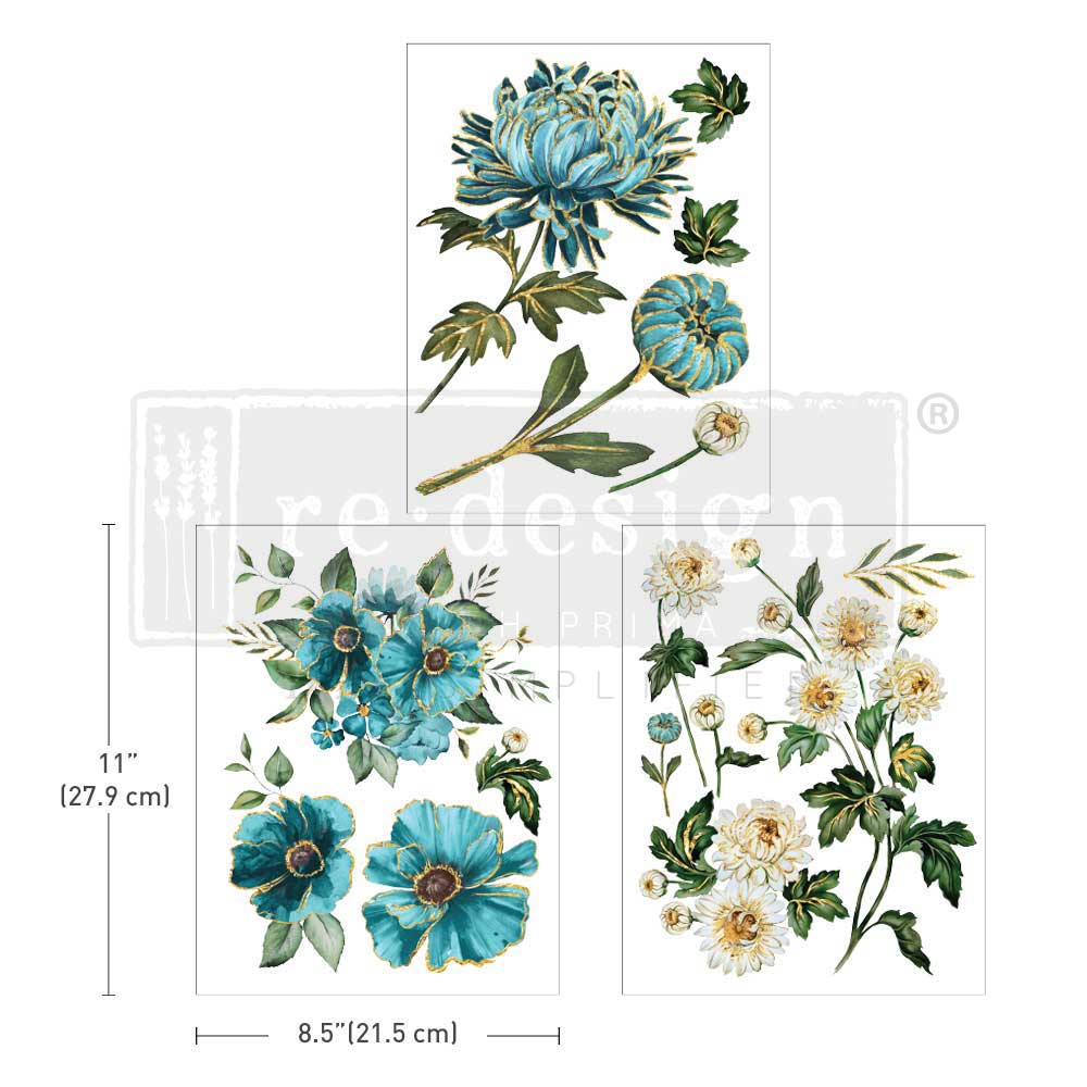 GILDED FLORAL - 3 sheets - 21.5cm x 27.9cm each - Redesign Decor Transfer Decal