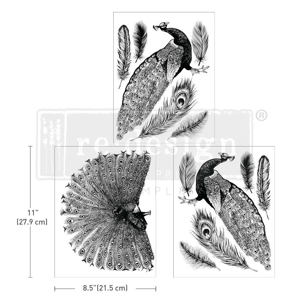 REGAL PEACOCK - 3 sheets - 21.5cm x 27.9cm each  - Redesign Decor Transfer Decal