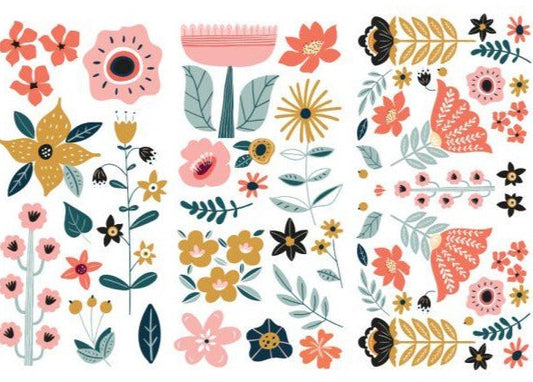 DOODLE FLOWERS - 3 sheets - 15cm x 30cm each - Redesign Decor Transfer Decal