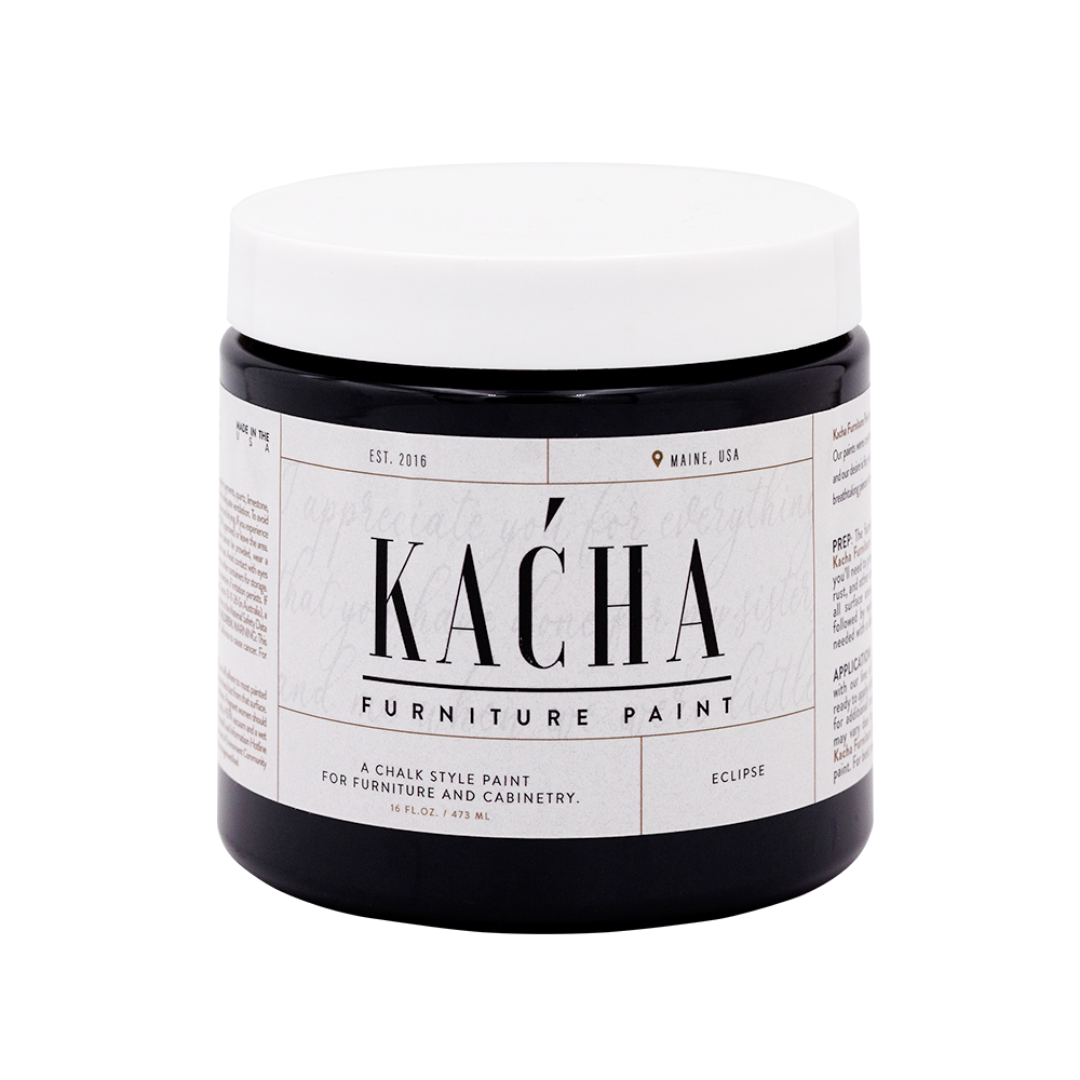 Jar of Kacha furniture paint on a white background