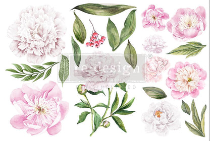 MORNING PEONIES - 3 sheets - 6" x 12" each - Redesign Decor Transfer Decal