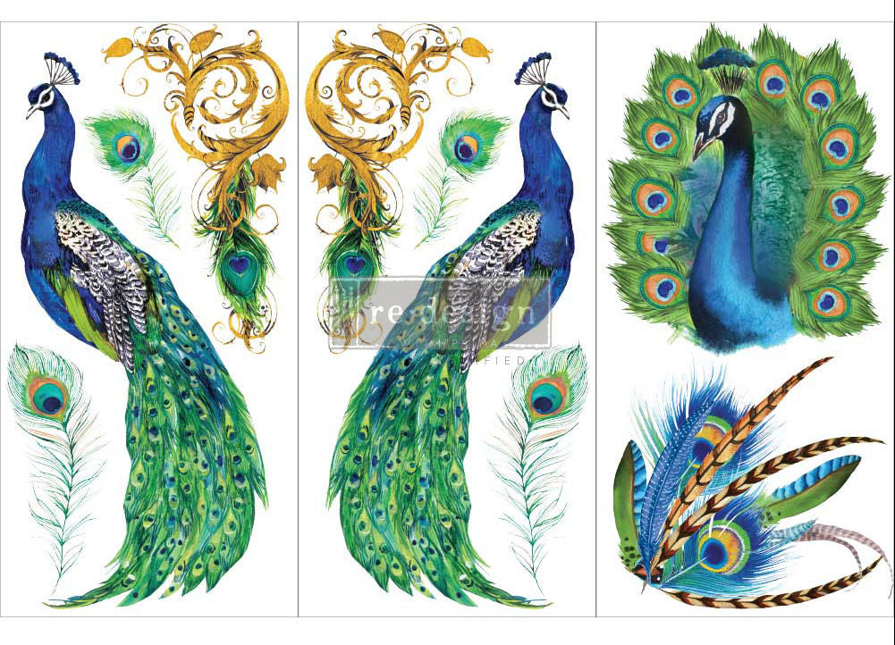 PEACOCK PARADISE - 3 sheets - 15cm x 30cm each - Redesign Decor Transfer Decal