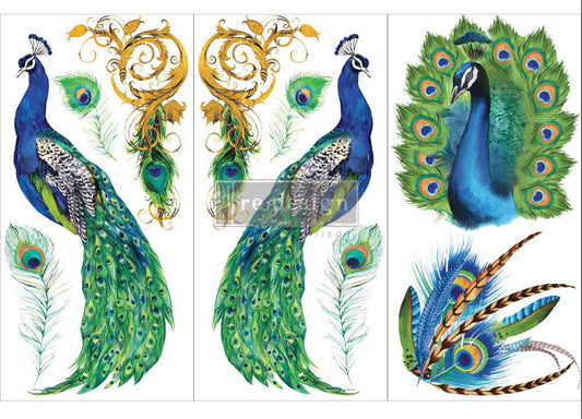 PEACOCK PARADISE - 3 sheets - 15cm x 30cm each - Redesign Decor Transfer Decal